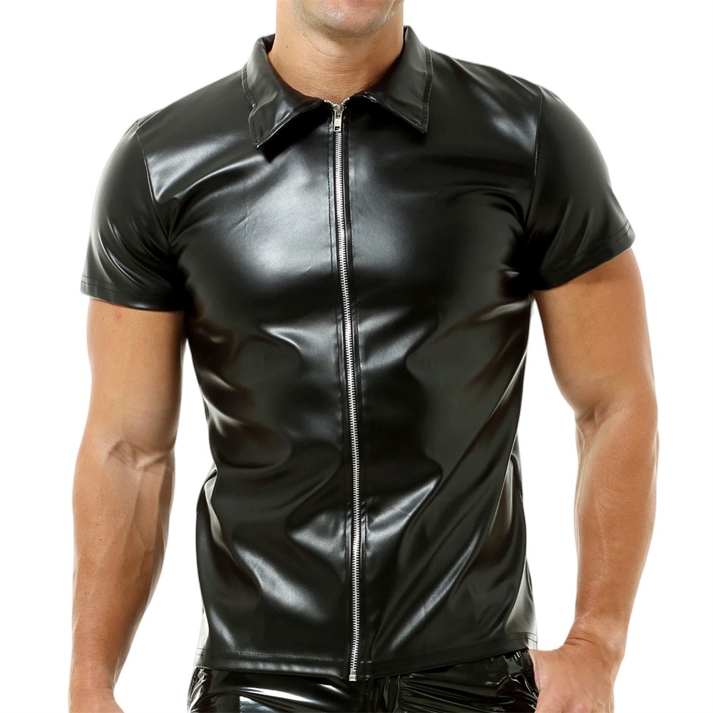 Men T-shirts Short Sleeve Shirts Zip Nightclub Stage Tops Black PU Leather Tees gallery