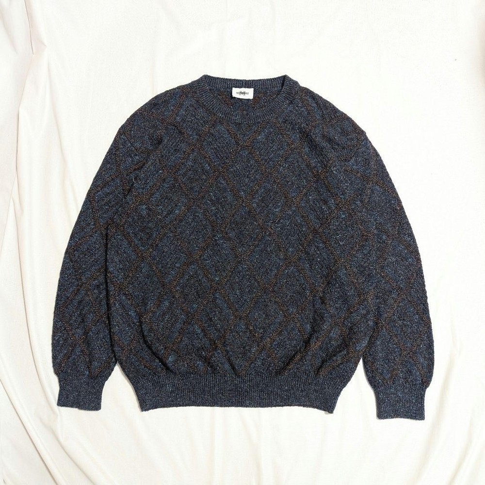 Missoni Men 90S Argyle Wool Knit Navy Good Color Scheme L Size Luxury Elegant