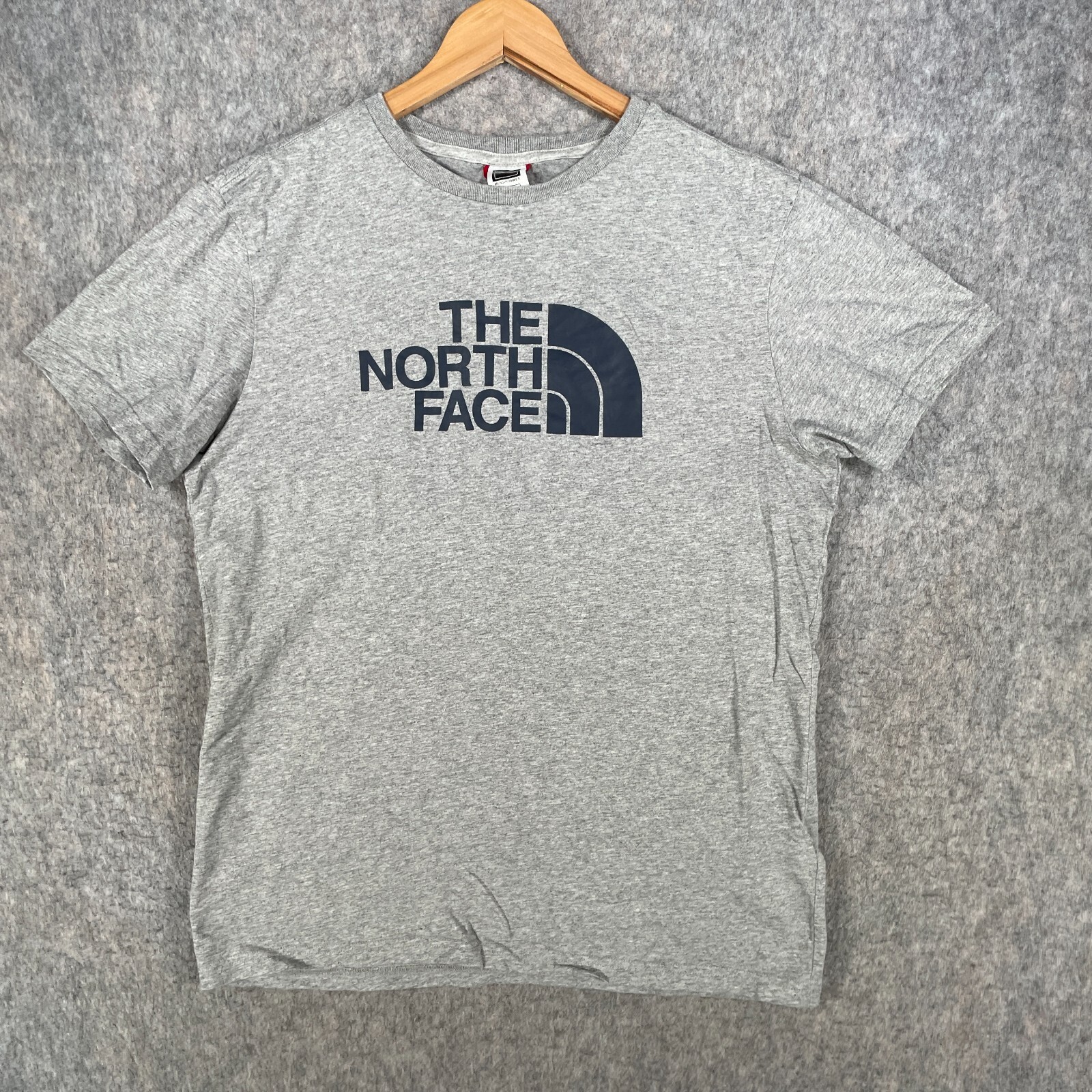 North Face Shirt Mens Medium Grey Blue Big Spell Out Logo Hiking Casual Top