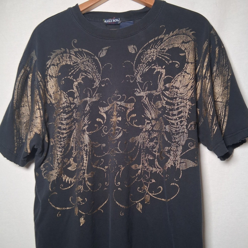 Vintage Y2K Bugle Boy Shirt Men Medium Gold Dragon Skeleton Distressed Destroyed