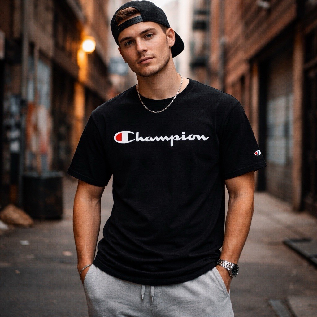 Champion Short Sleeve T-Shirt Velour Spellout Logo Men Medium Black Trendy Crew