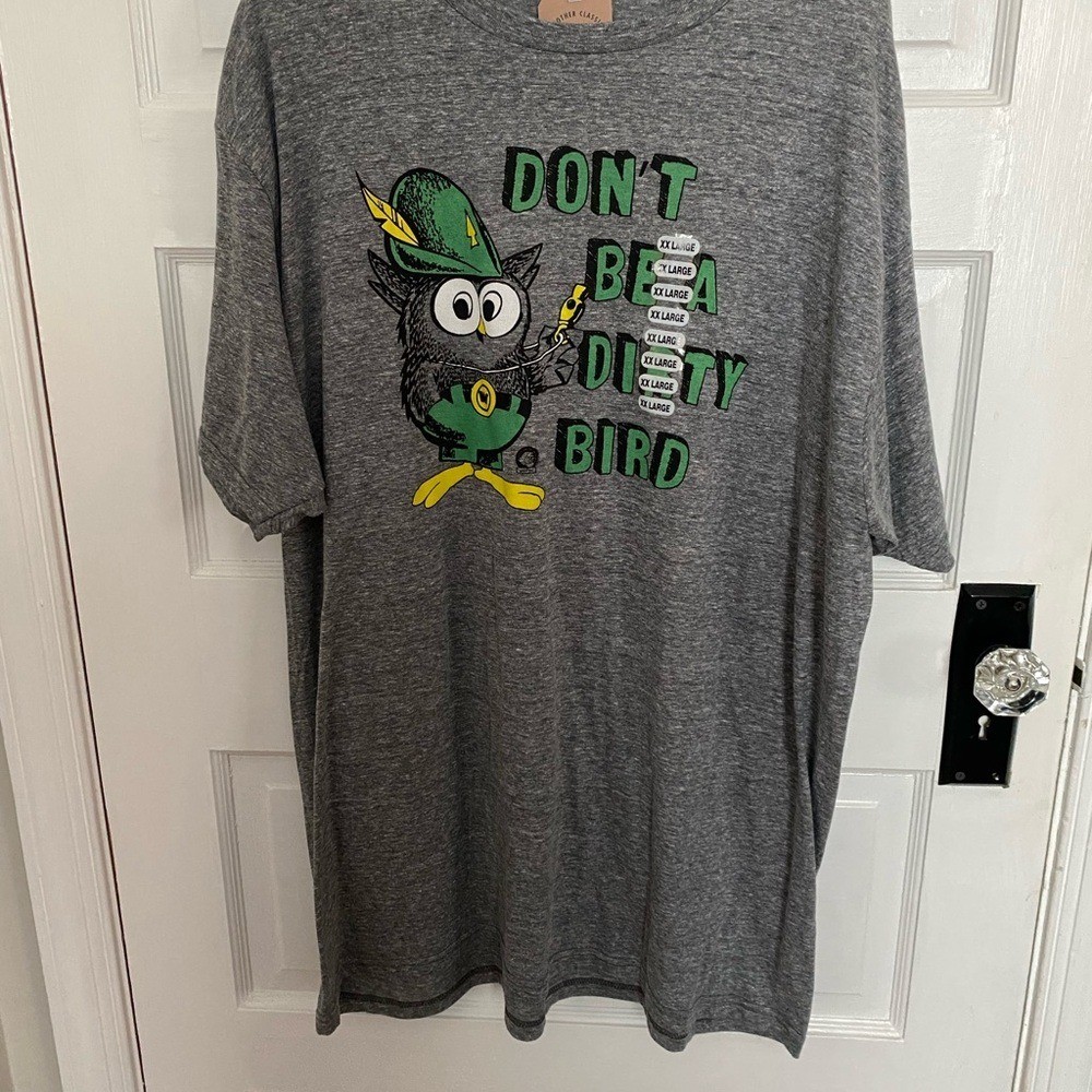Classic Tee Luv Gray Shirt with Green Print Owl “Dirty Bird”