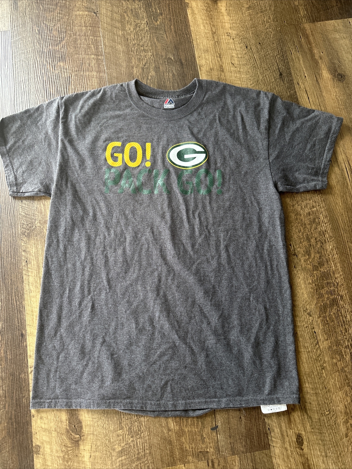 Green Bay Packers Go Pack Go T-shirt Tee Gray Size Large Majestic