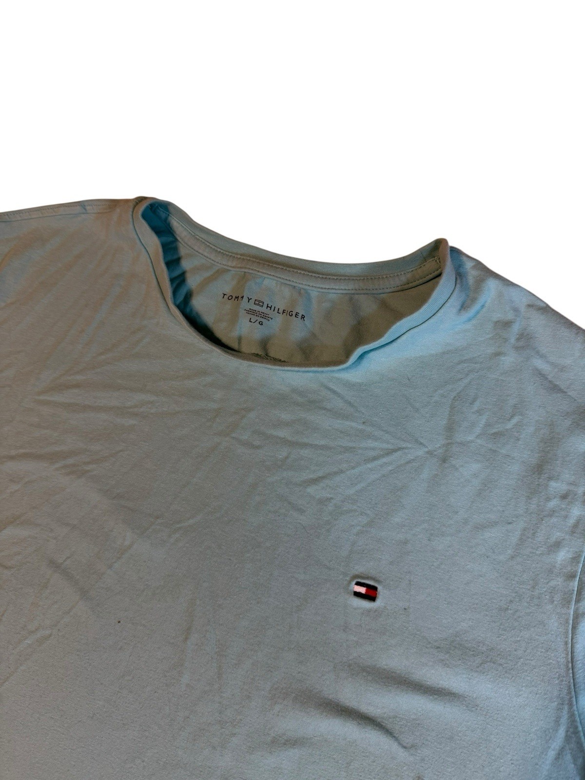 Tommy Hilfiger Mens T-Shirt Size L Light Blue Logo Print Cotton Designer T25 gallery