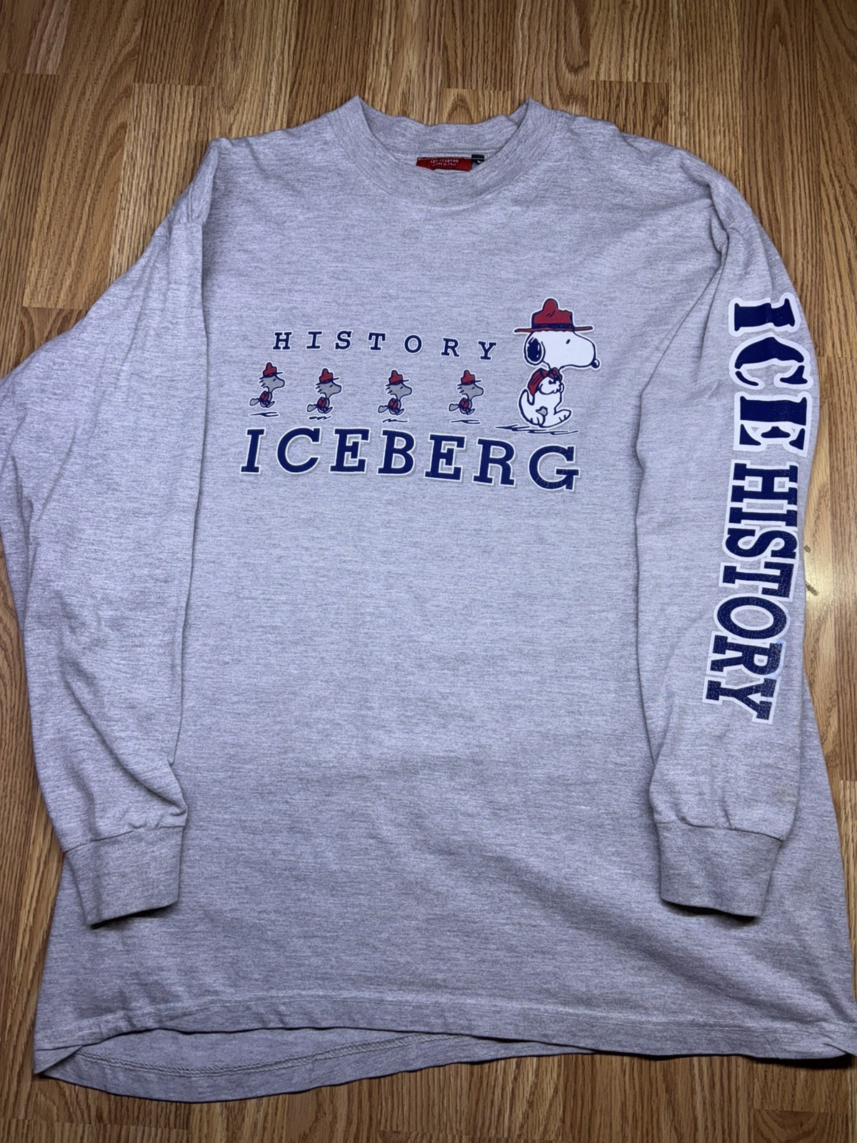 Vtg 90s Iceberg History Peanuts Snoopy Grey long sleeve sz. XL Hiphop gallery