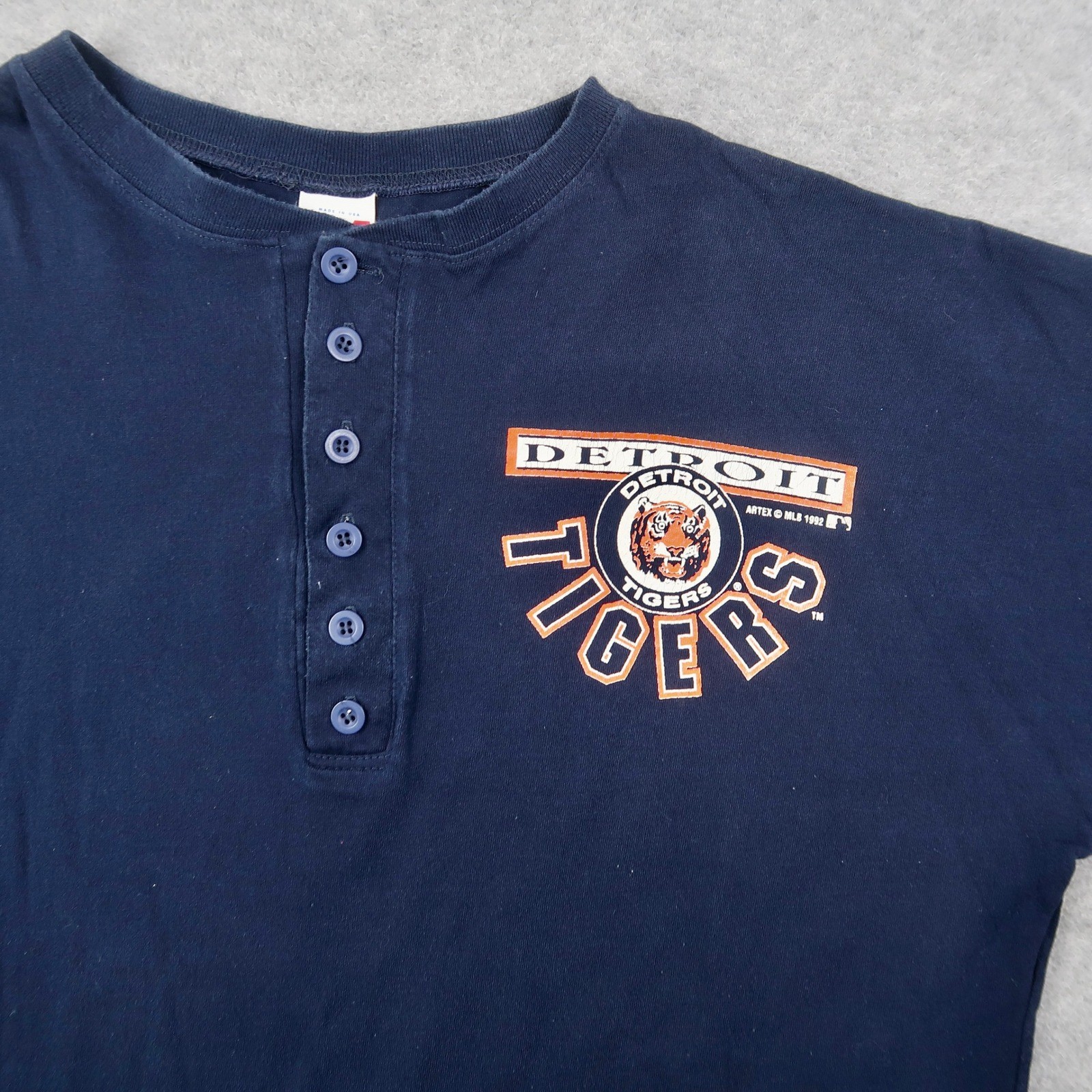 Vintage 1992 Detroit Tigers Henley Shirt Mens XL Navy Blue Artex MLB Made in USA gallery