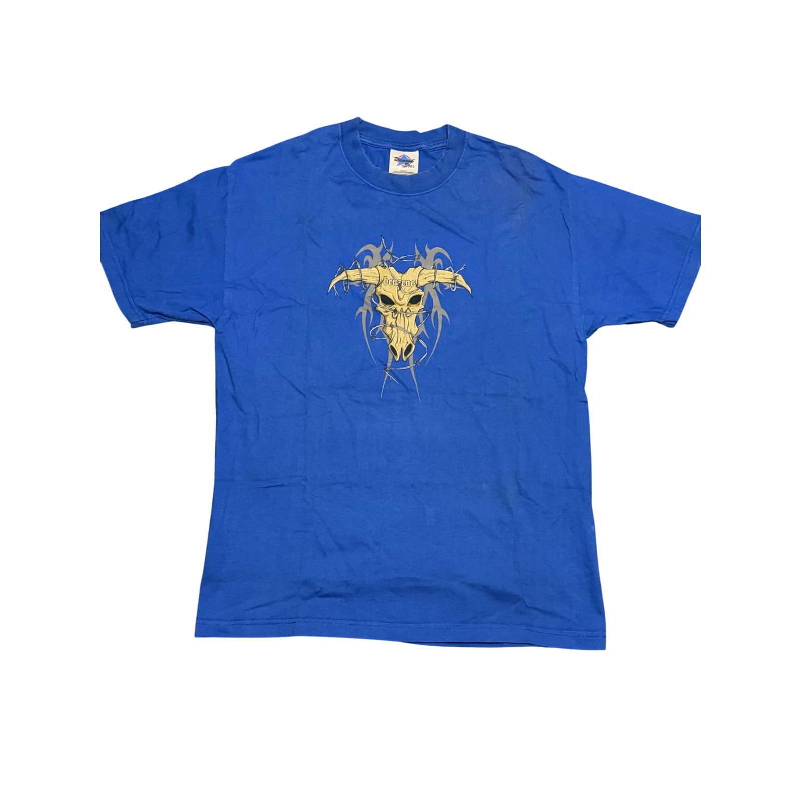 VTG Diamond Star Mens Graphic T-Shirt Blue Bull Skull Barbed Wire Benzene Large gallery