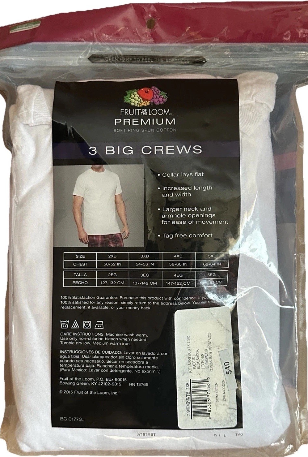 Fruit of the Loom Men's BIGMAN Crew Neck T-Shirt 3-Pack DM3 White Size 2XB NEW gallery
