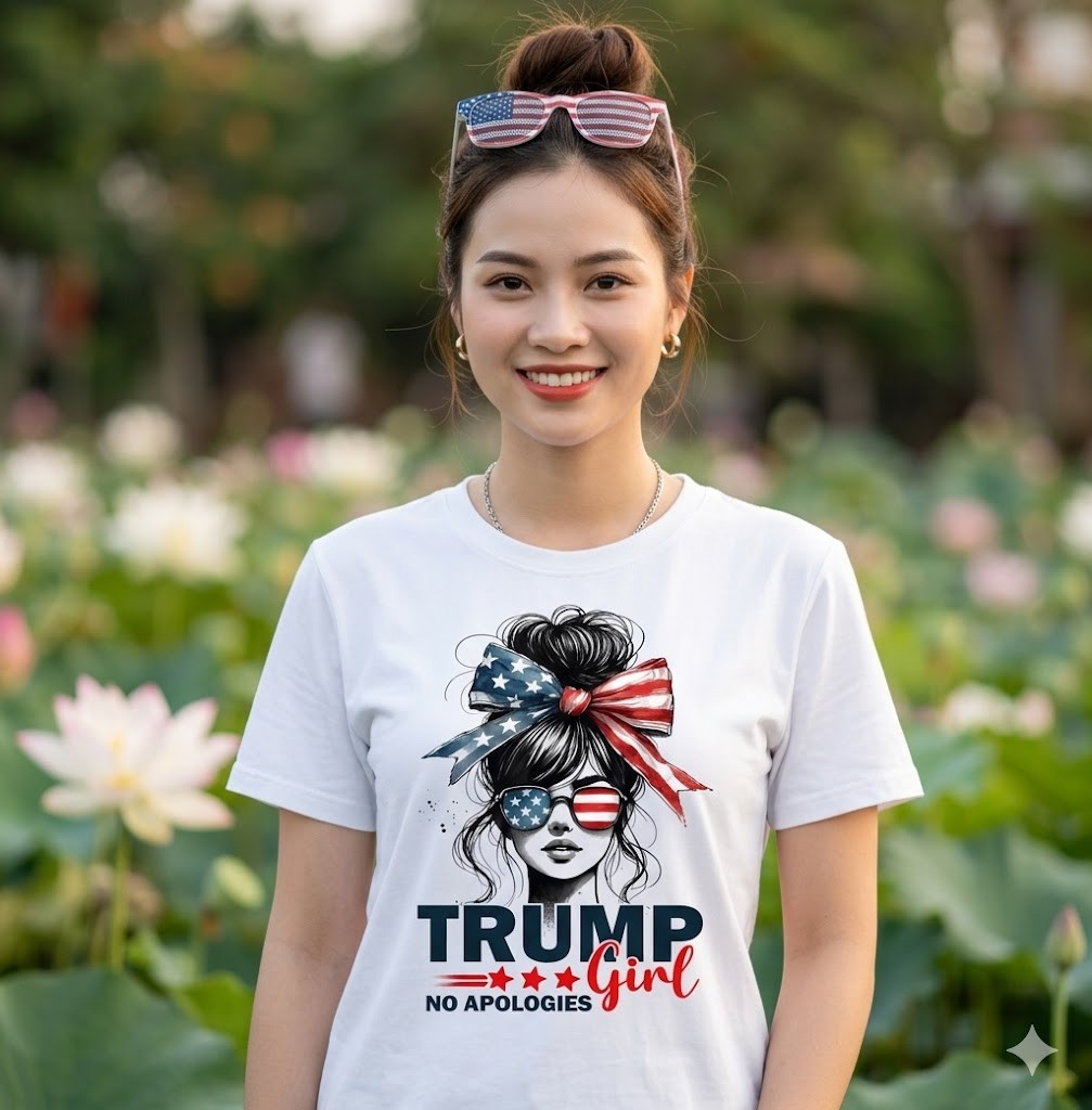 Trump Girl No Apologies USA Flag Messy Bun Sunglasses T-Shirt - H322 gallery