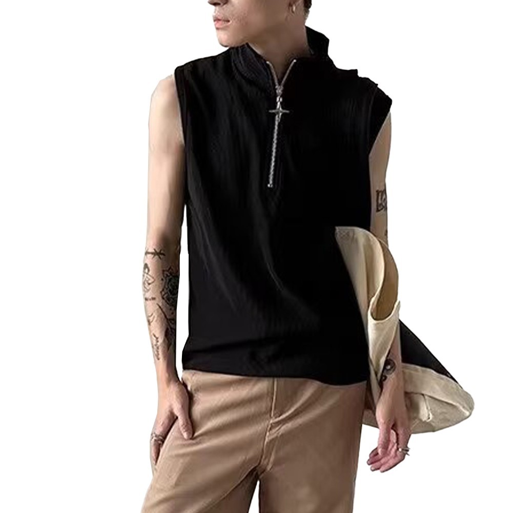 Retro Punk Zipper Tank Top for Men Stylish Sleeveless Vest with Stand Collar gallery