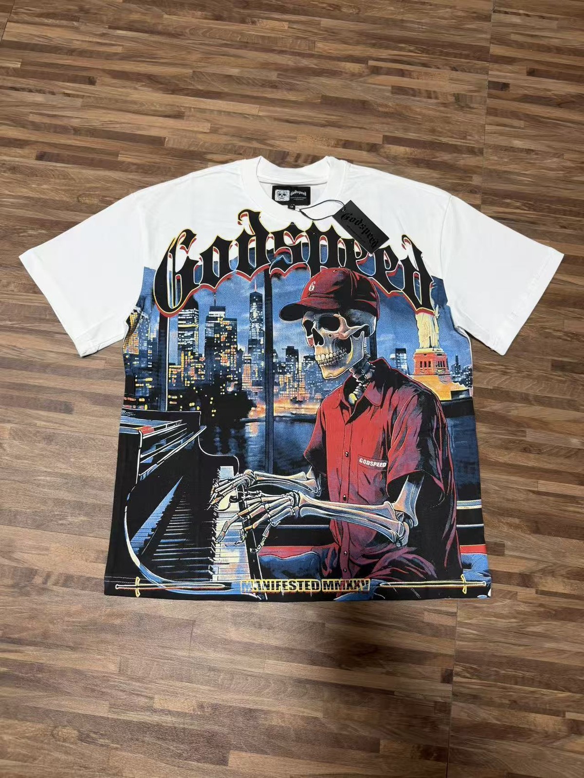 26/SS Mens NEW Godspeed skeleton play the piano print Short sleeved T-shirt