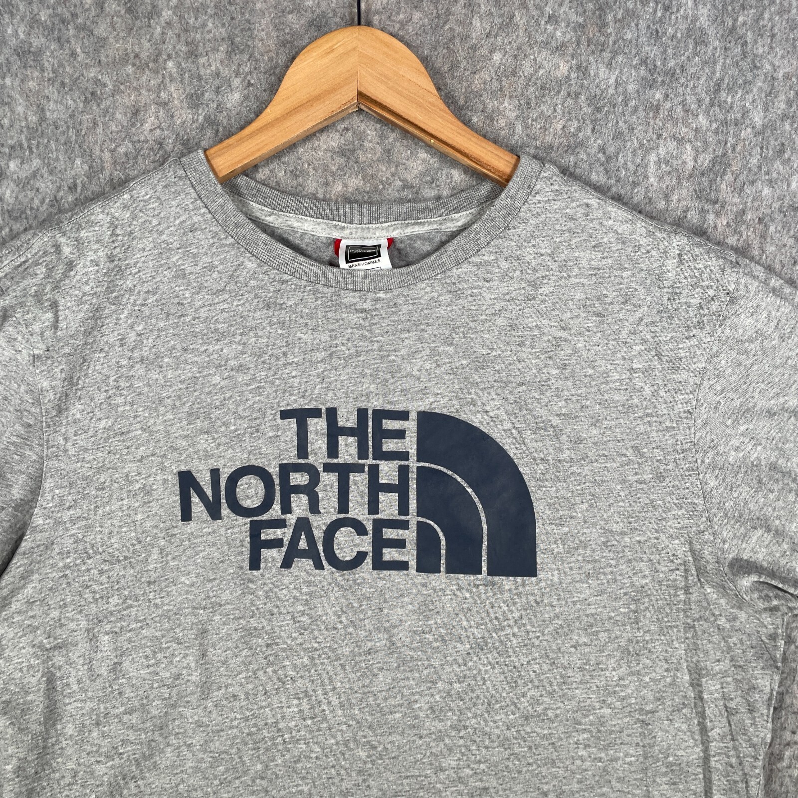 North Face Shirt Mens Medium Grey Blue Big Spell Out Logo Hiking Casual Top gallery