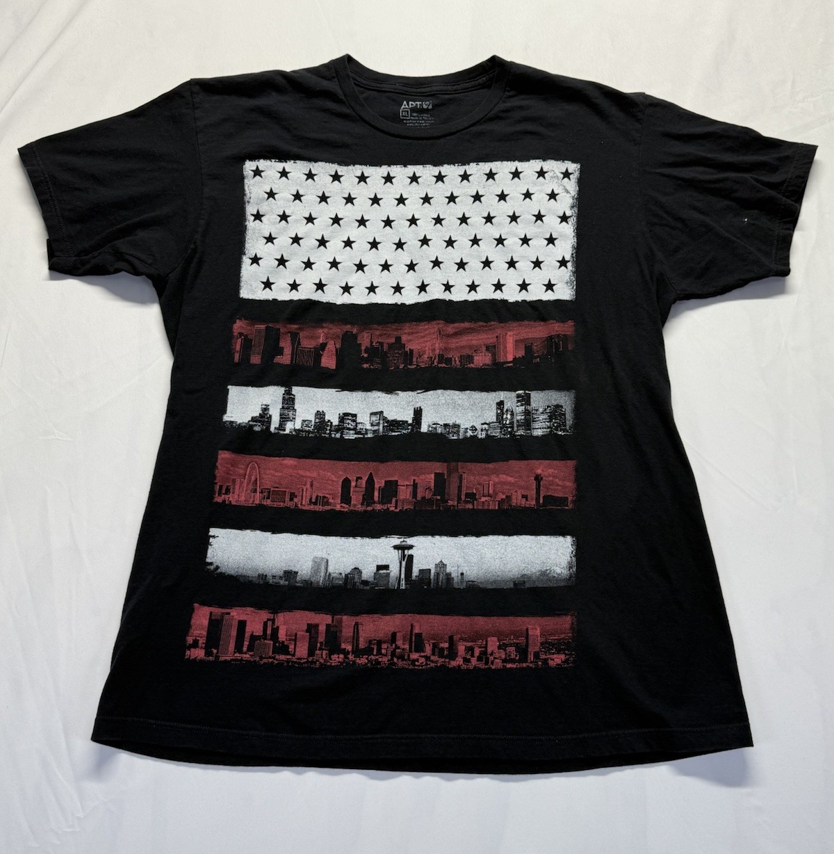USA flag city skyline APT 9 tee Seattle mens t-shirt casual