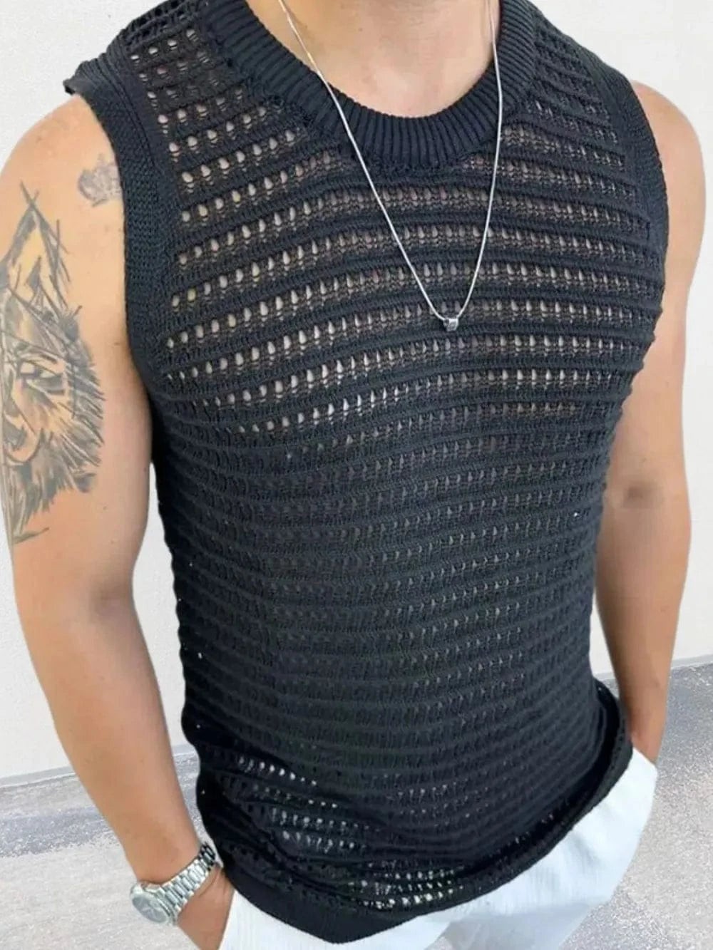 Ivory Round Neck Hollow Out Sleeveless Knit Men's Top gallery