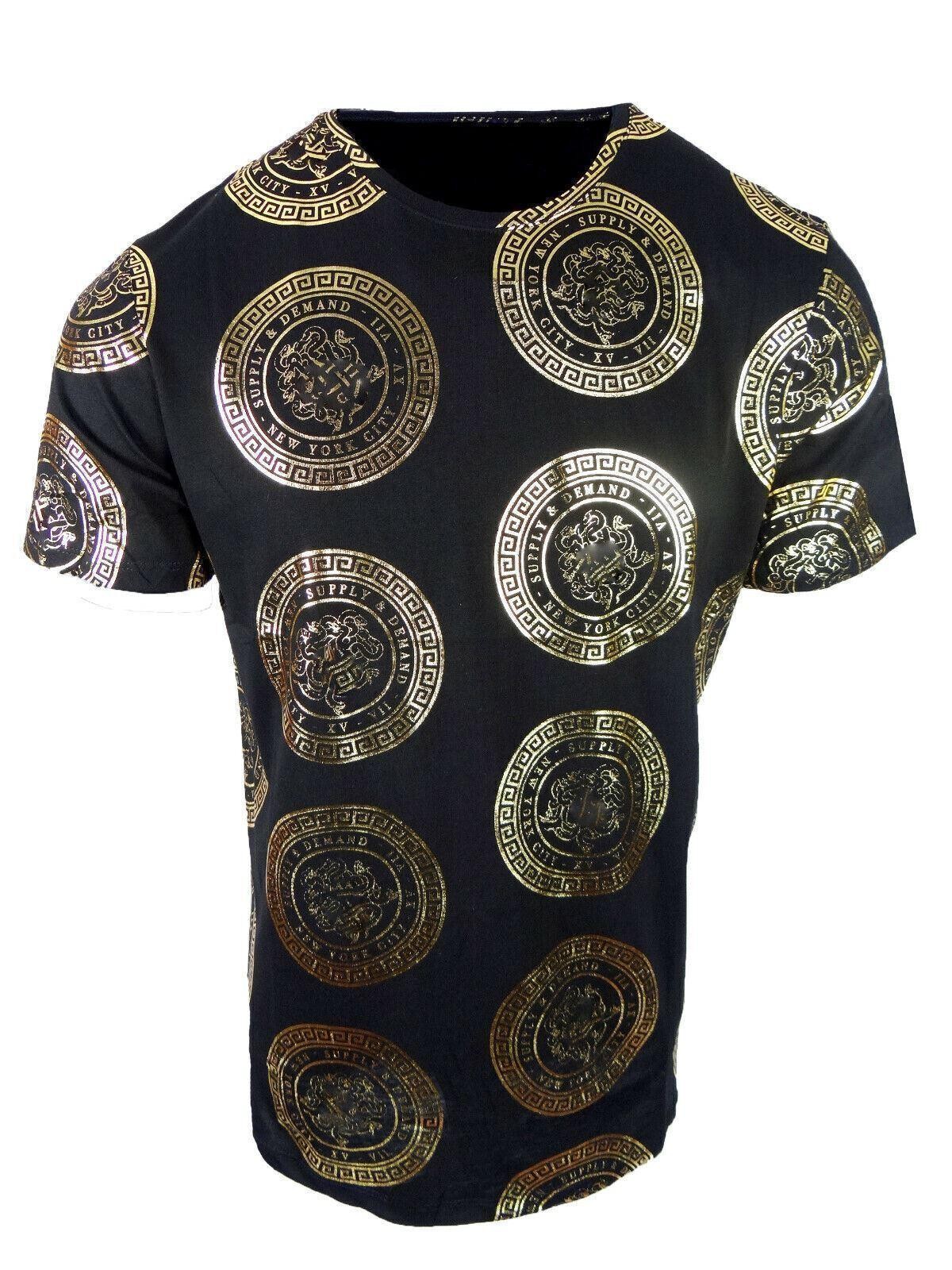Mens T- Shirt Designer Italian Shiny Gold Print Slim Fit Stretch Casual Club gallery