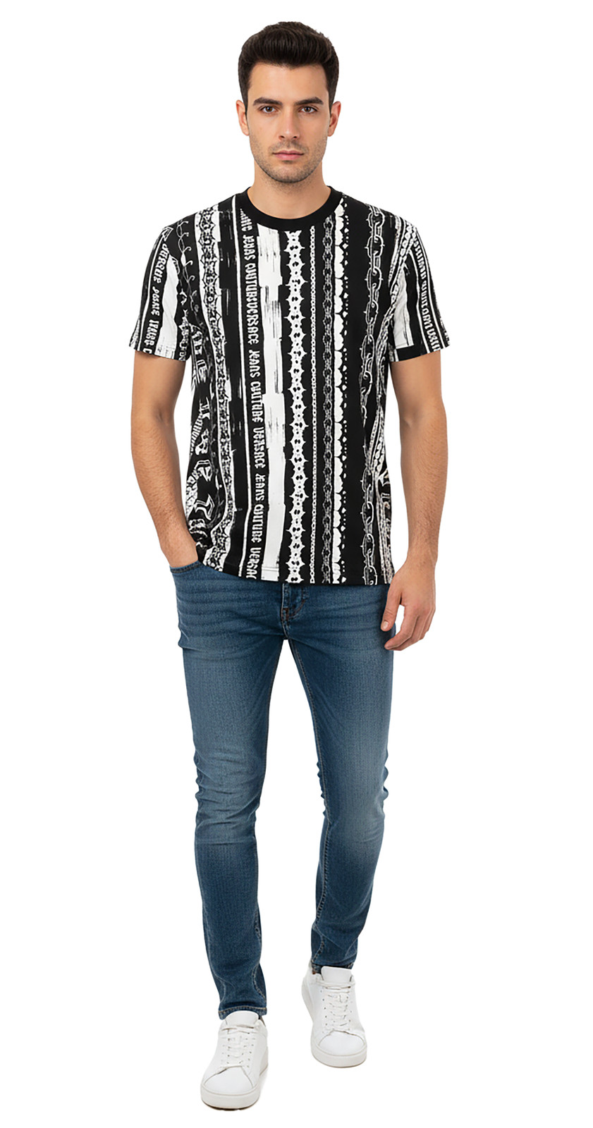 Versace Jeans Couture Black/White Mens Baroque Chain Print Panel T-Shirt gallery