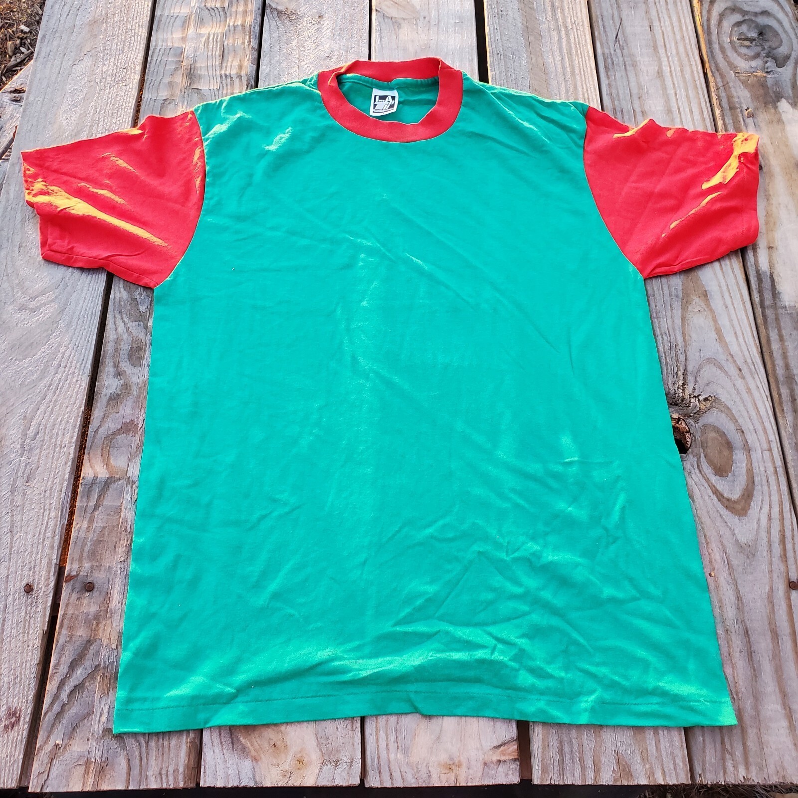 Vintage Men LA Sportswear Blank Large Single Stitch Shirt Green Red Sleeves USA gallery