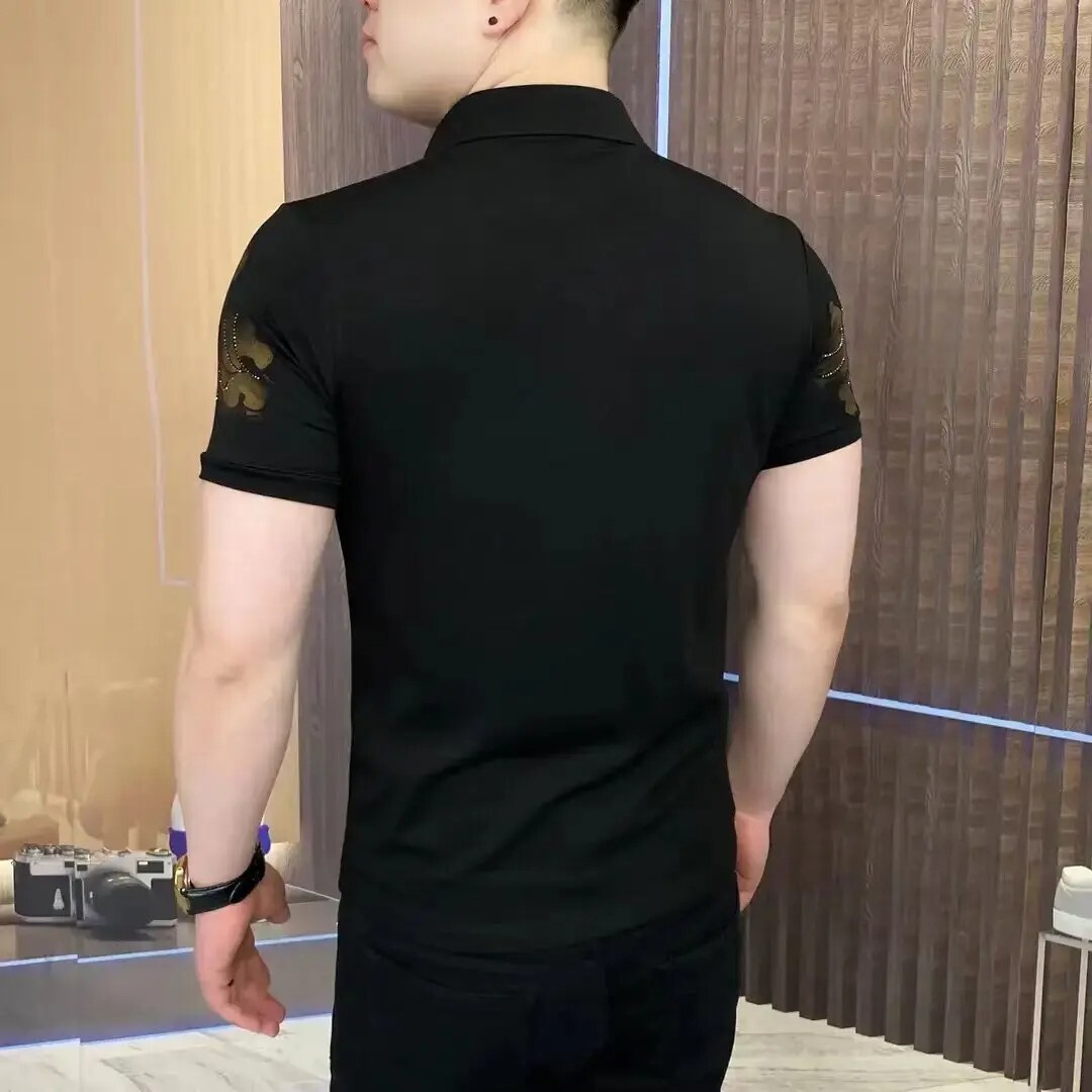 New Men Luxury Diamond Rhinestones Fashion Black Polo T-Shirt High Quality gallery