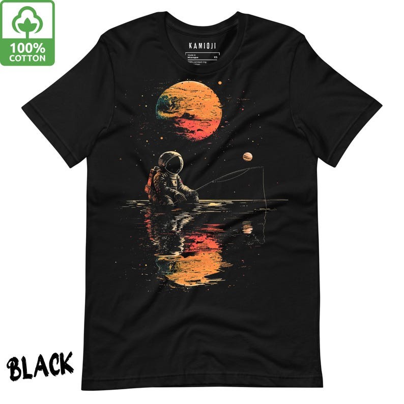 Astronaut Fishing Tee Retro Space Graphic T-Shirt Cosmic Trippy Alt Clothing