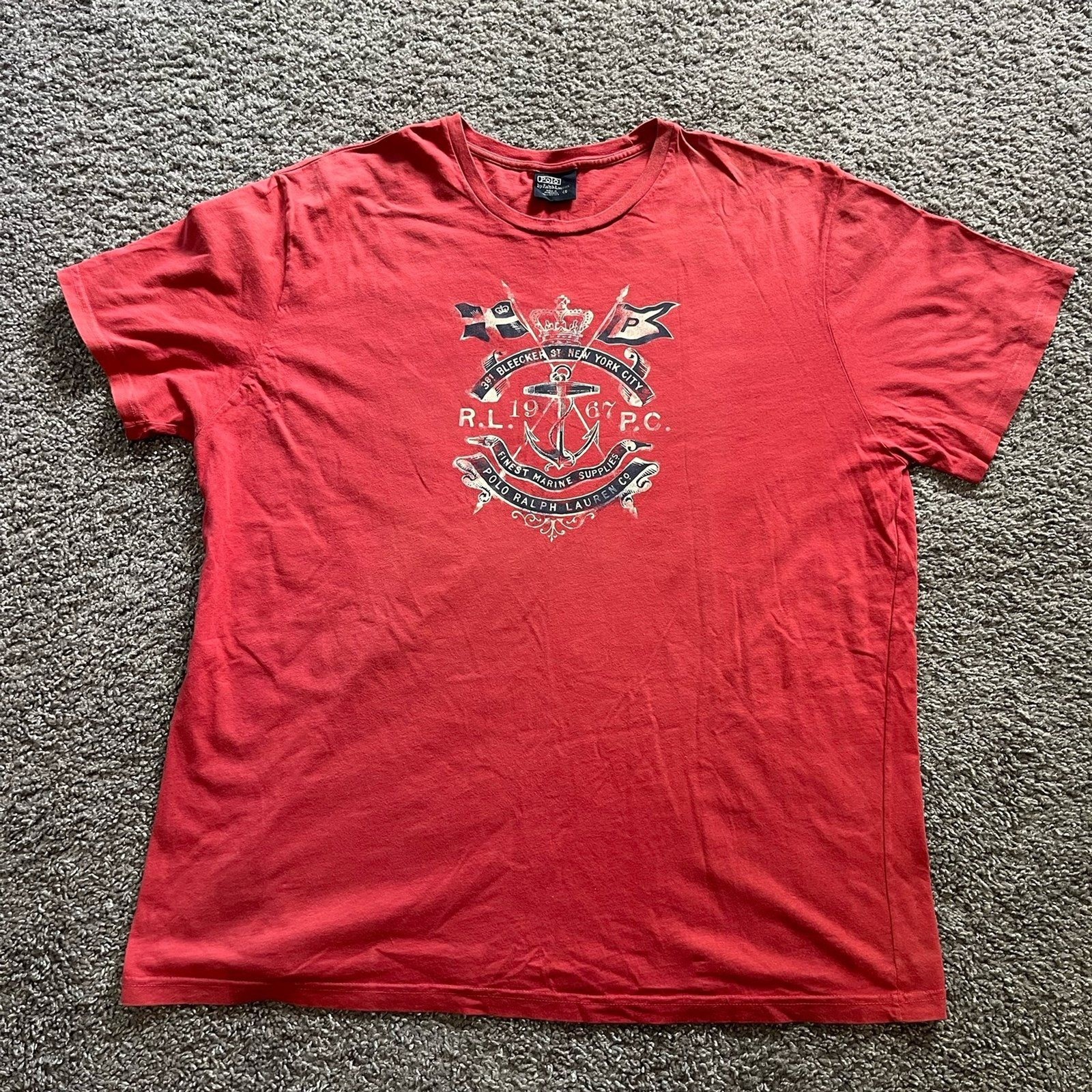 Vintage 90s Polo Ralph Lauren Flag Marine Crest T Shirt Red Size XL