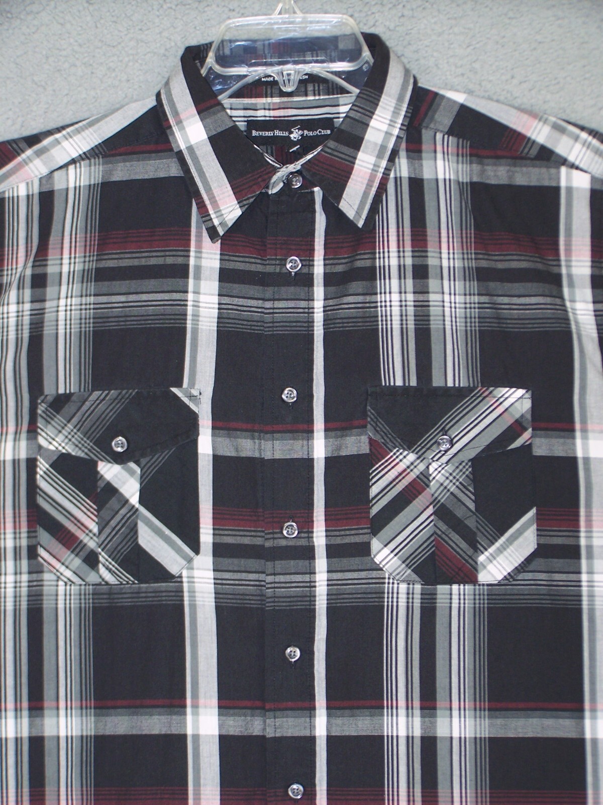 Beverly Hills Polo Club Shirt Adult Large Black Red Plaid Button Classic Men's L gallery