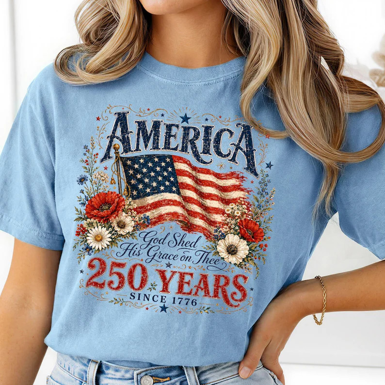 250 Years Flag & Poppies Shirt, Patriotic Floral ,God Shed His Grace on Thee Tee gallery