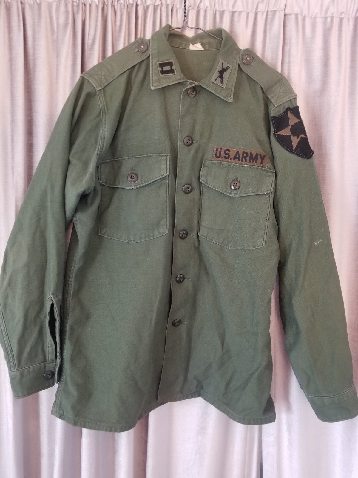 US Army Men's Military Uniform Shirt Blouse Cotton OG-107 Olive VTG 60's Patches gallery