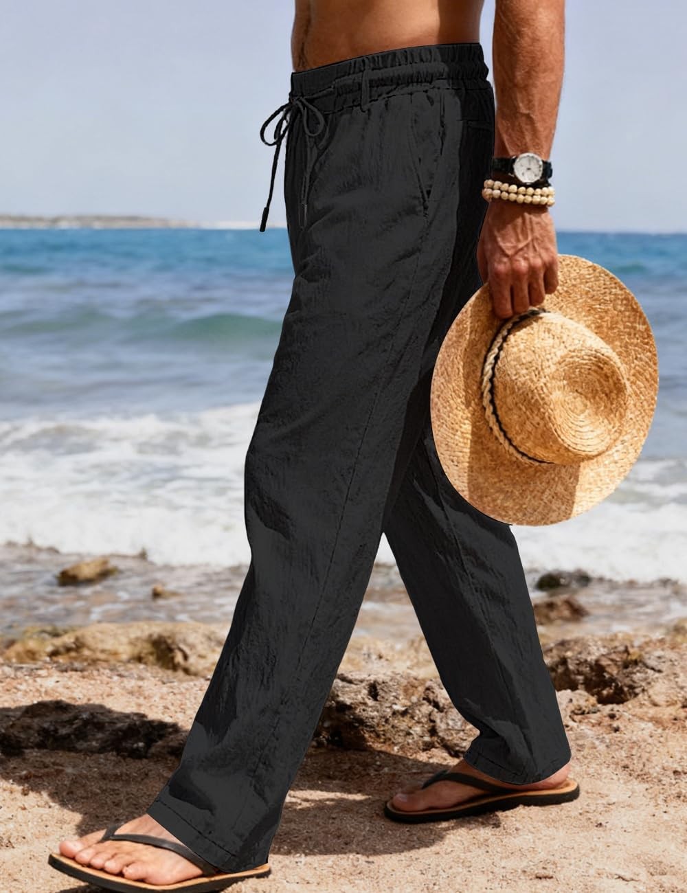Men's Casual Linen Pants Elastic Waist Drawstring Summer Beach Lightweight Tr... gallery