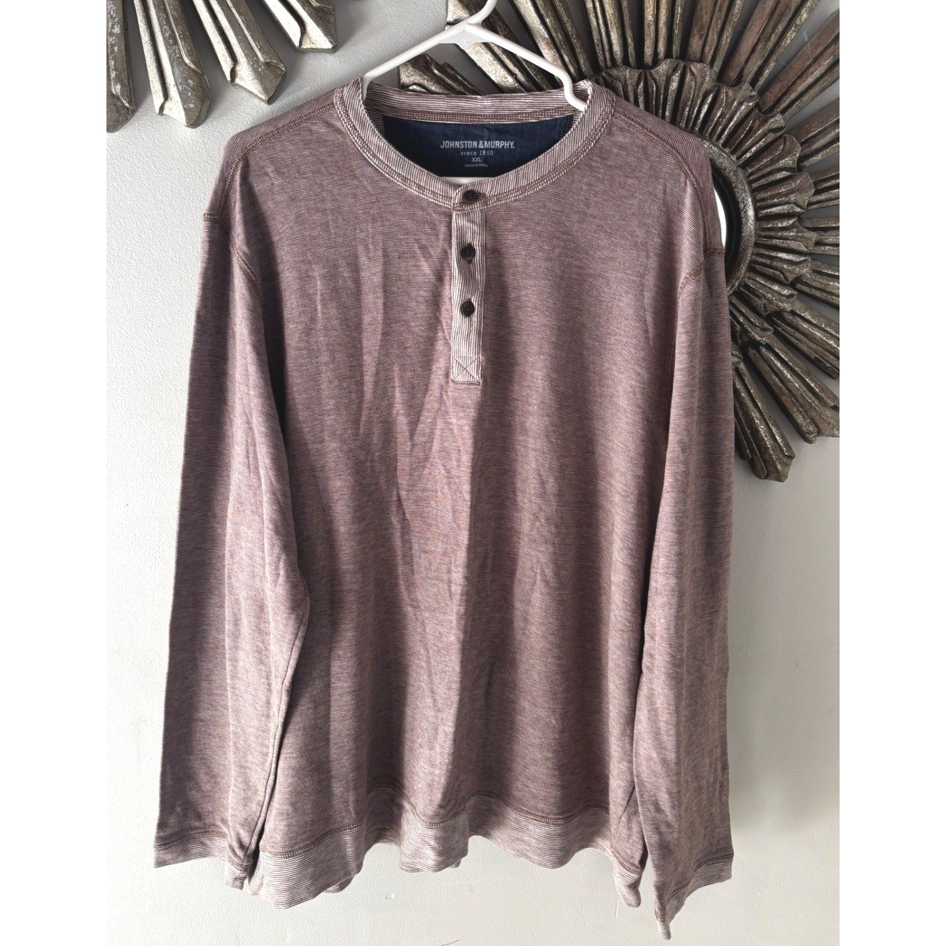 Johnston & Murphy Mens XXL Brown Striped Pima Cotton Long Sleeve Henley Shirt