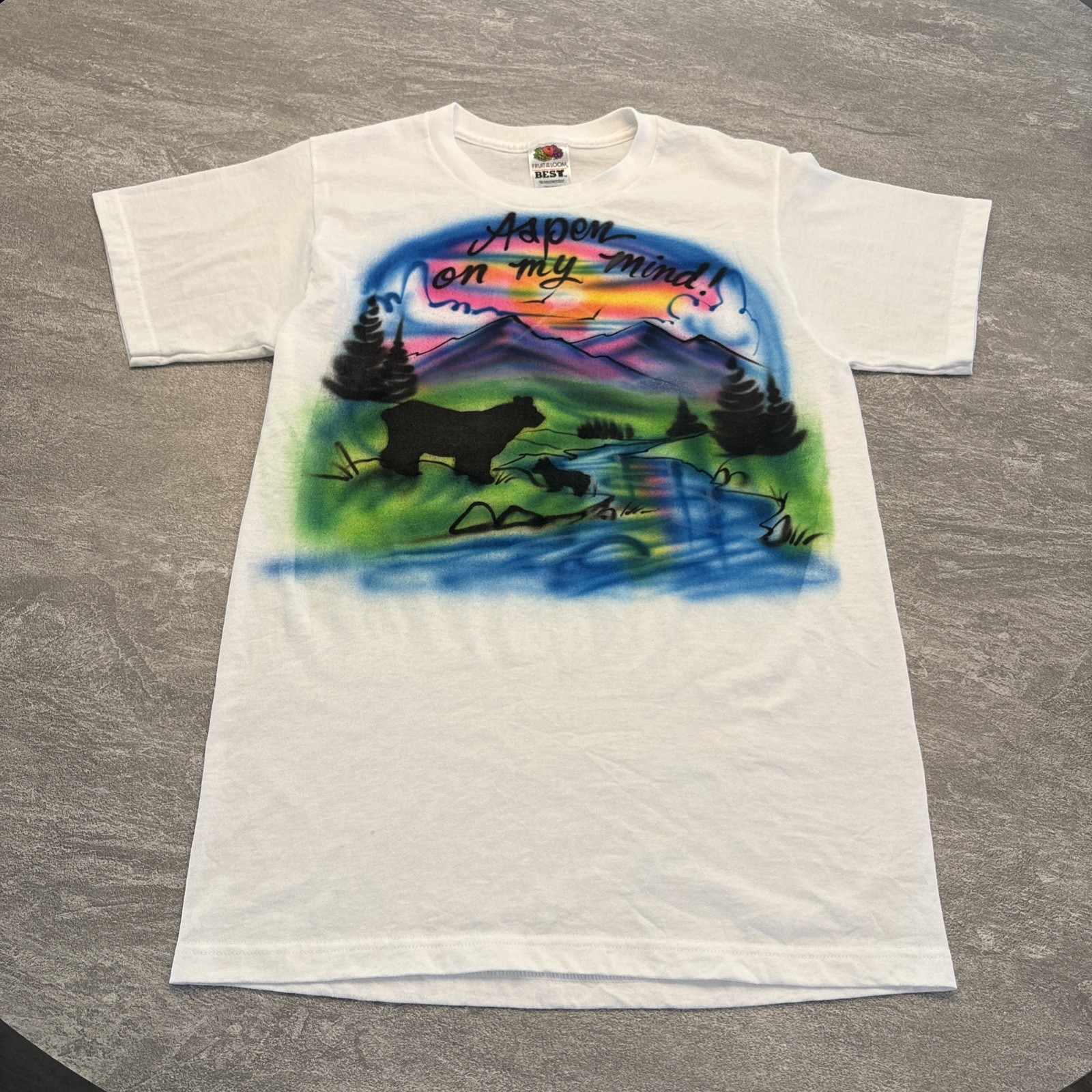 Vintage 90s Airbrush Aspen Colorado Mountain Bear Nature Shirt Large White Art