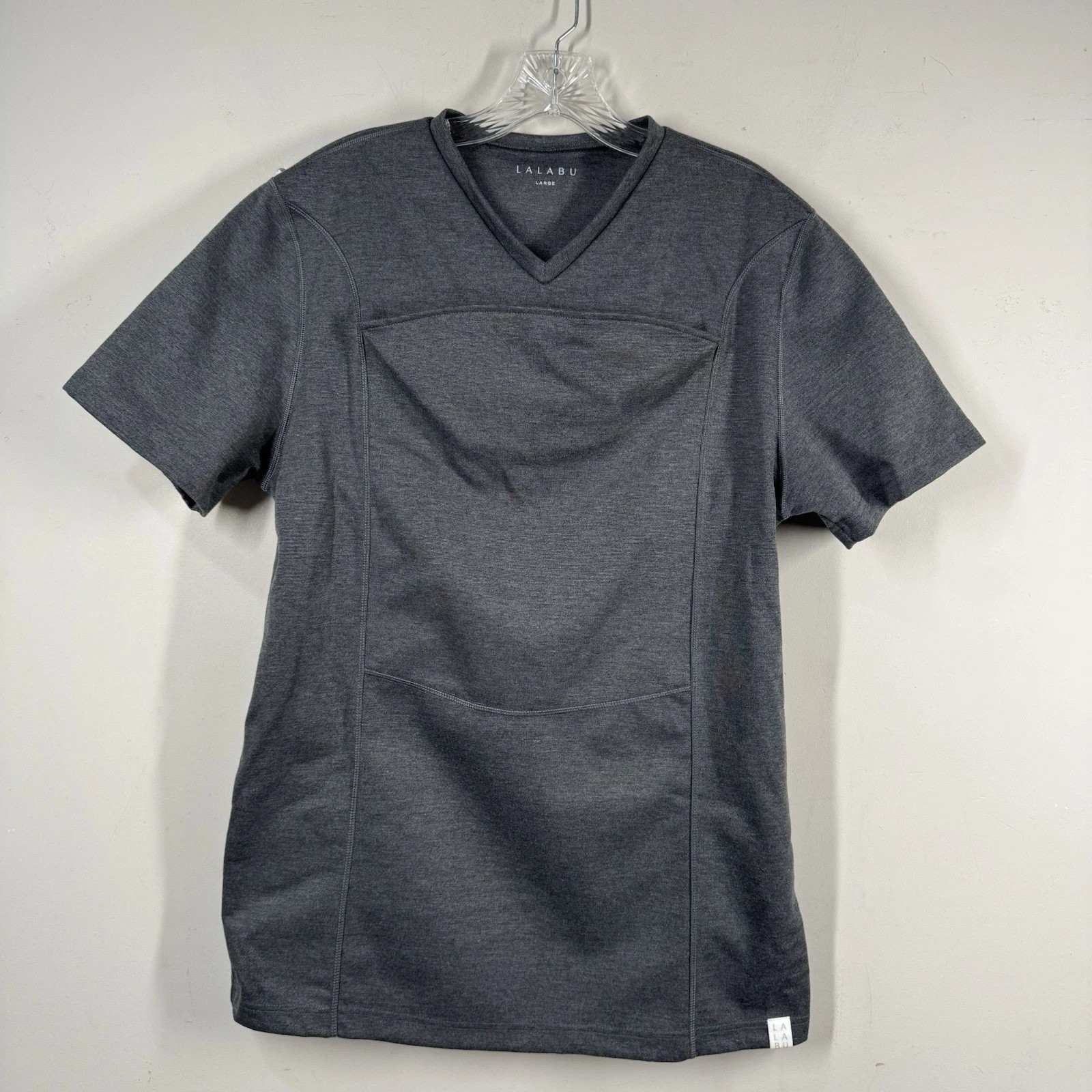 Lalabu Gray Shirt Men's V -Neck Swaddle Kangaroo Front Pocket Stretch sz L gallery
