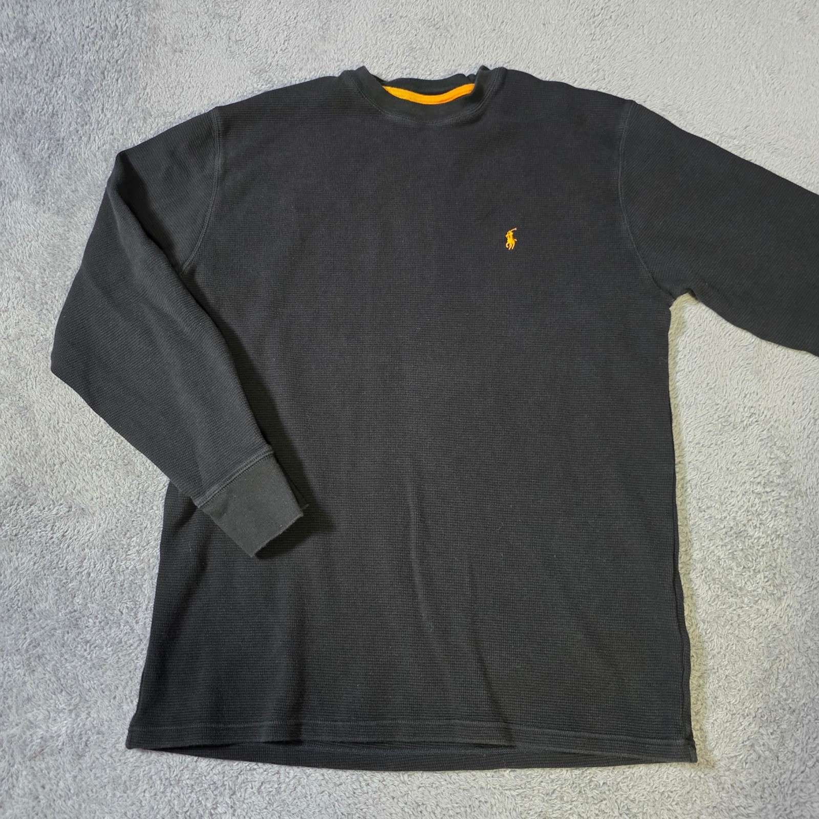 Polo Ralph Lauren Mens XL Thermal Shirt Black Waffle Knit Orange Pony Logo gallery