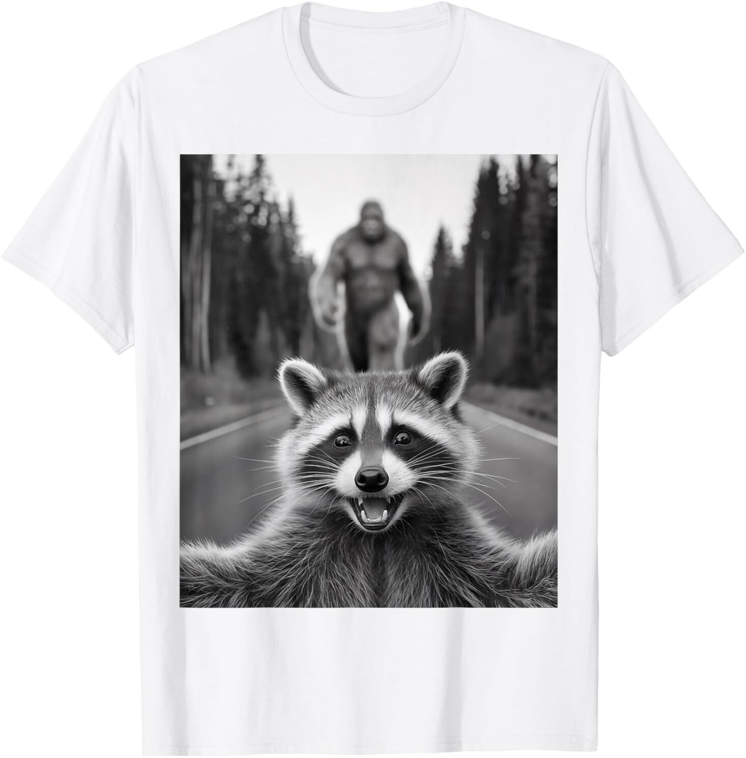 Scared Raccoon Selfie With Sasquatch Bigfoot , Funny Raccoon T-Shirt gallery