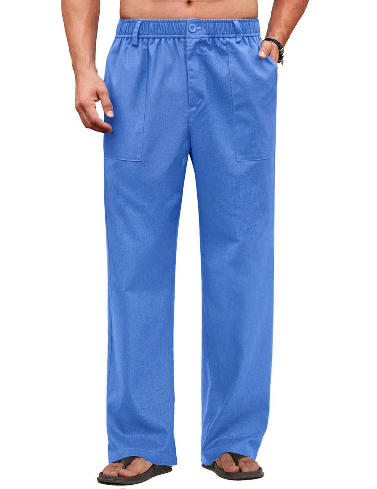 Men’s Casual Linen Cotton Pants Elastic Waist Summer Beach Trousers Lightweig…
