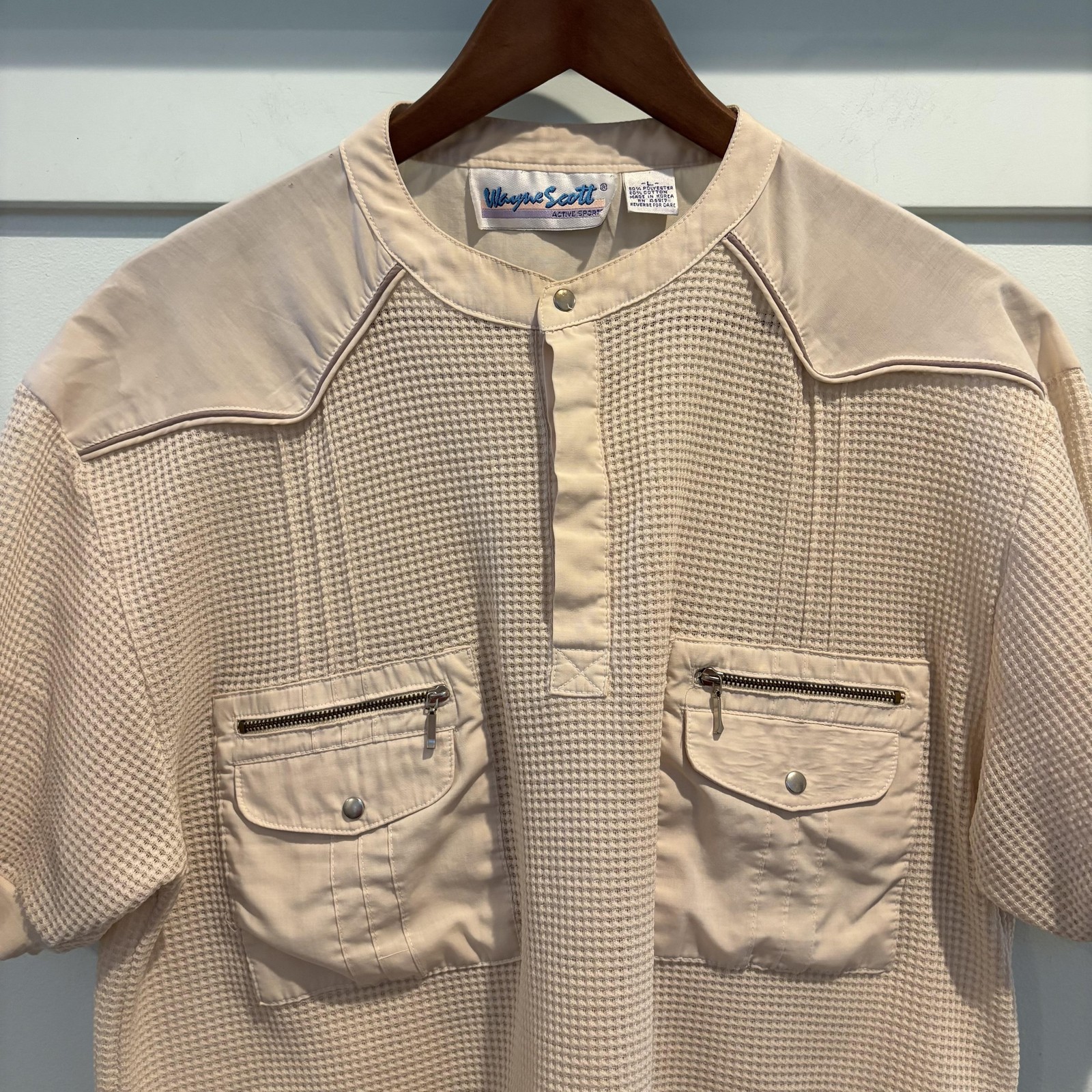 Vintage Wayne Scott Henley Shirt Mens Large Cream Dual Zip Pockets Waffle Knit gallery