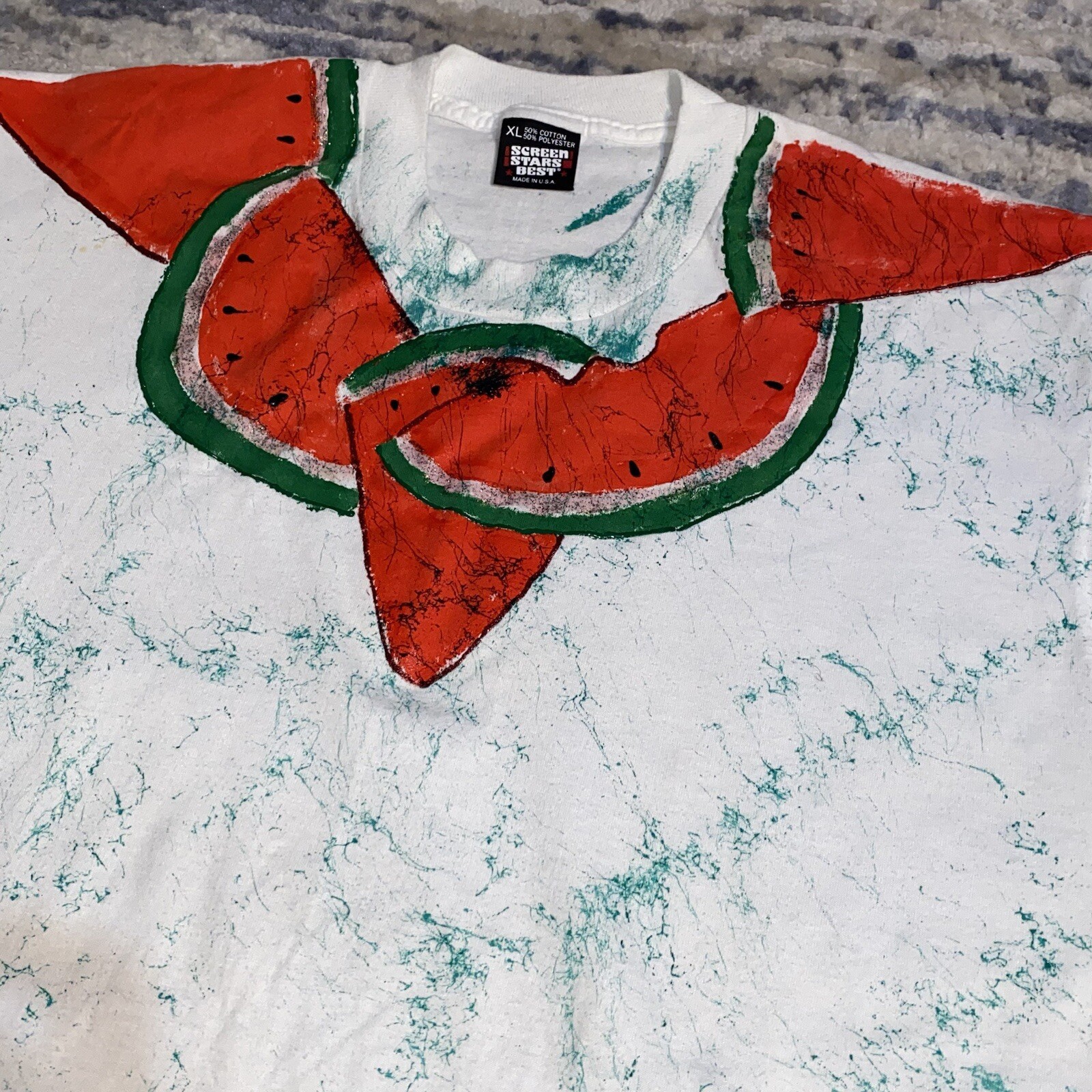 Vtg 90s Screen Stars WATERMELON Print All Over Print 50/50 Graphic Shirt Mens XL
