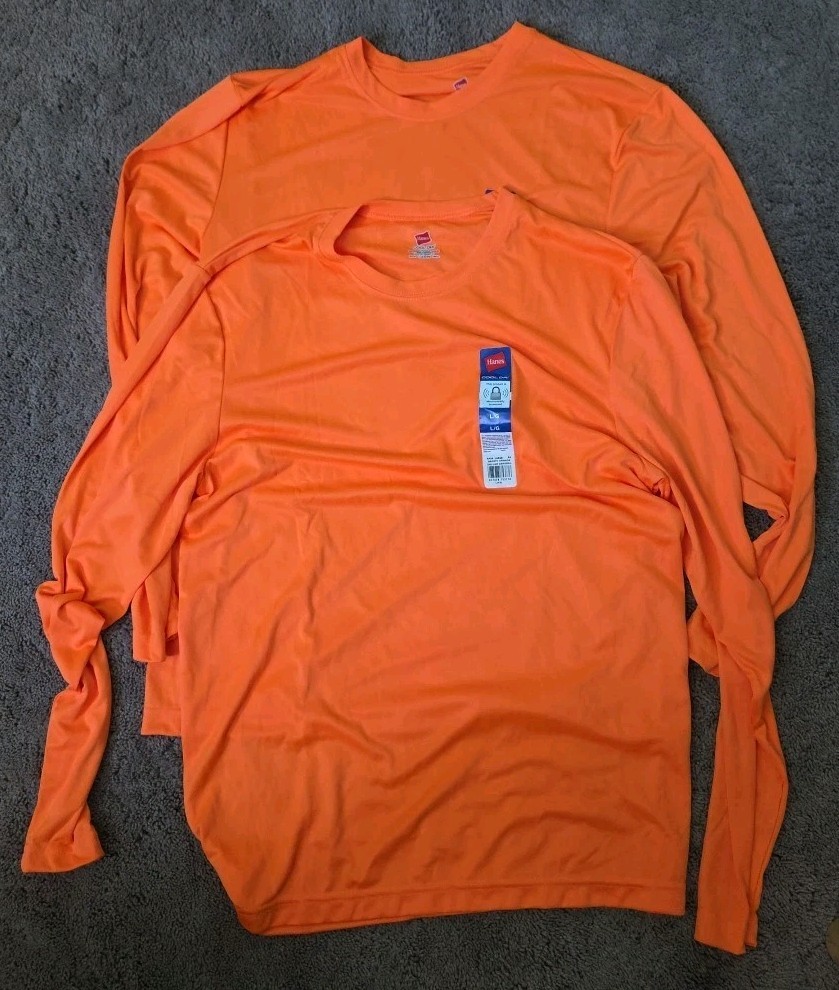 2 PACK Men's HANES COOL DRI SAFETY ORANGE Long Sleeve T-Shirt Large NEW gallery