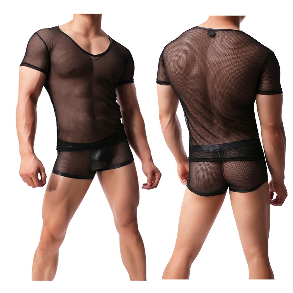 Mens Mesh T-shirt Gym Training Tank Top Fish Net Sheer Sexy Boxers Shorts M L XL gallery