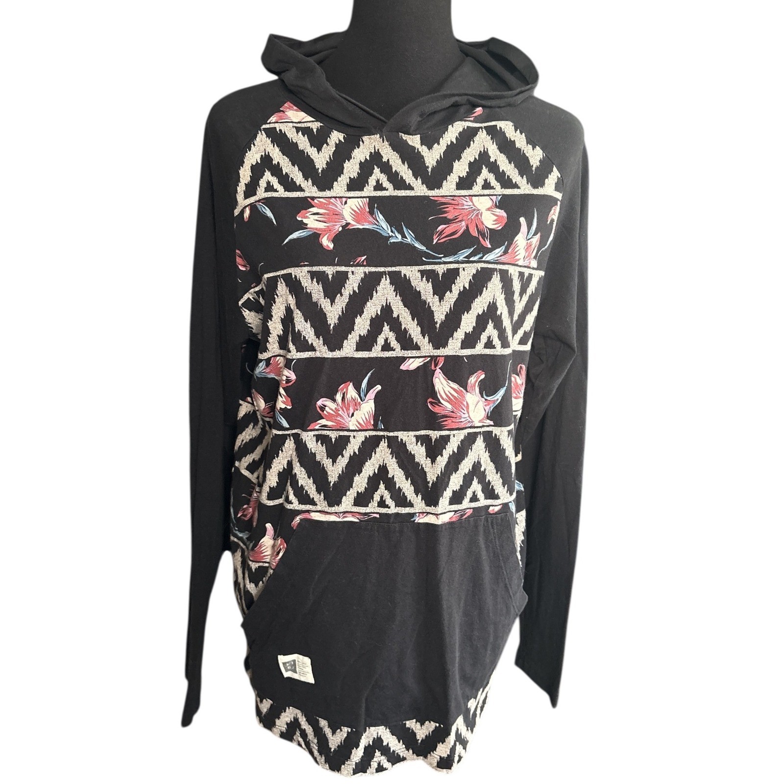 LIRA Long Sleeve Hooded T-Shirt, Black Floral Chevron Print, Men’s Small, Unisex