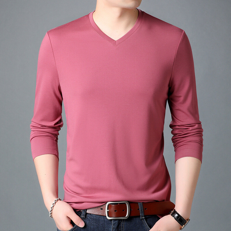 Men T-Shirt Long-Sleeved V-Neck Pure Color Casual Tee Shirt Pullover Tops gallery