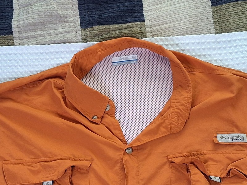 Columbia PFG Copper Orange Button Down Polyester Nylon Fishing Shirt Size XL gallery