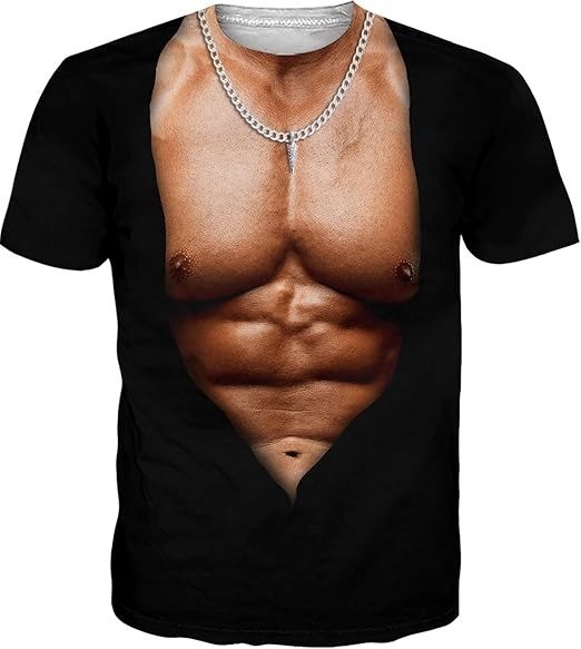 Funny 3D Muscle T Shirt Men Fake Six Pack Abs Tan Body Silver Chain Gag Gift New gallery