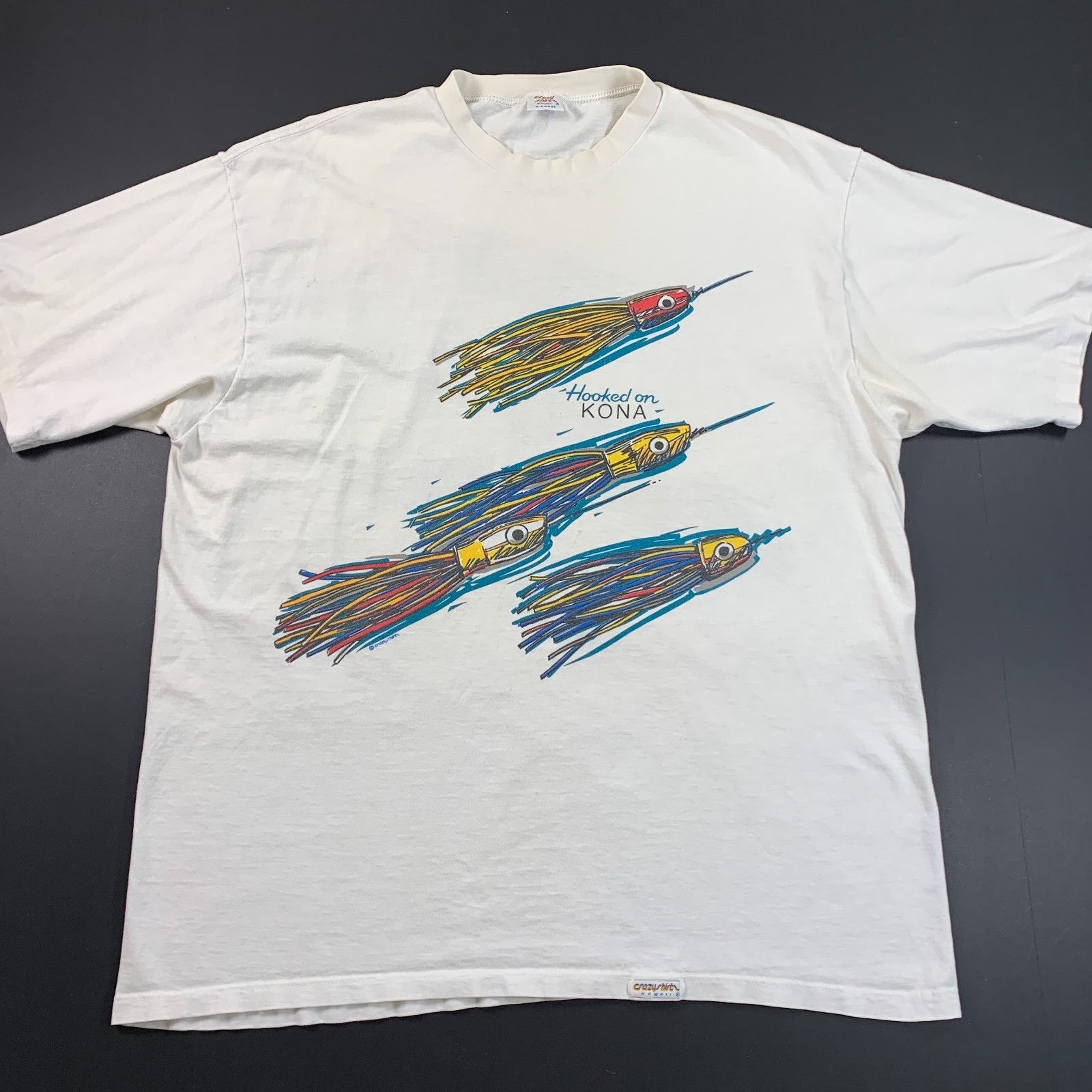 Vintage Crazy Shirts Hooked On Kona T-Shirt Men’s XL Marlin Fishing Lures 90s