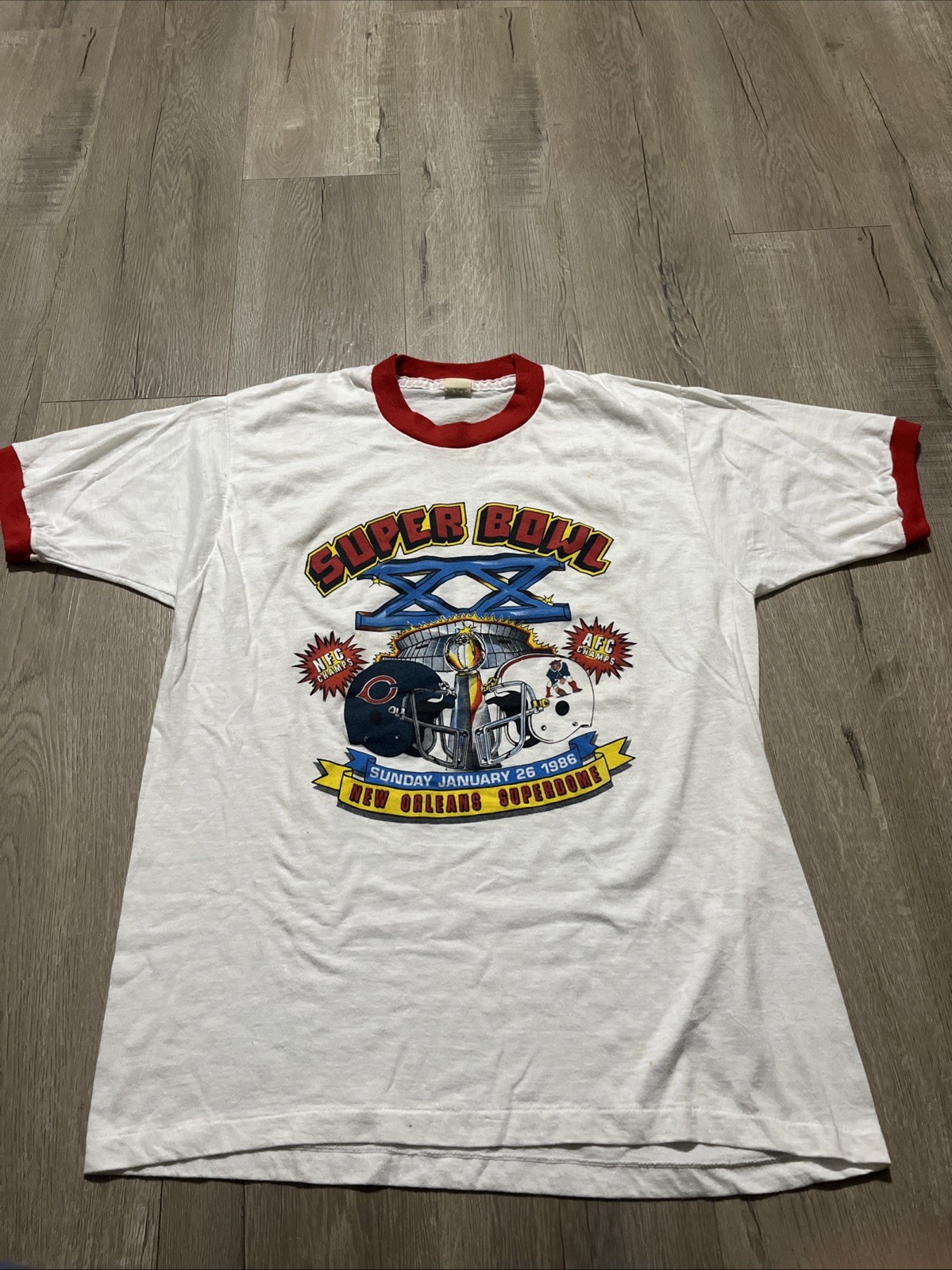 Vintage 80s Ringer T-Shirt Men’s Xl Super Bowl 20 Bears Vs Patriots