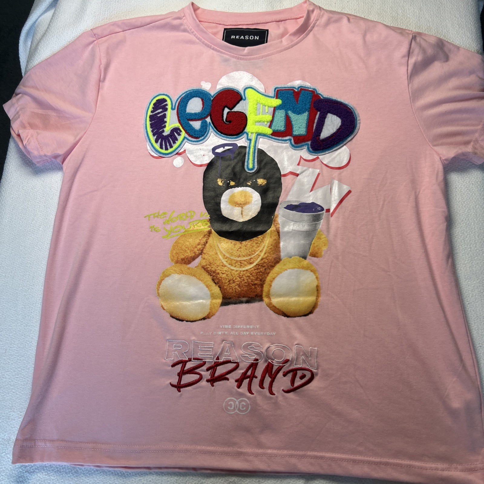 Reason Legend Bear Chenille Men's Tee Crew Neck Short Sleeve Pink XL gallery
