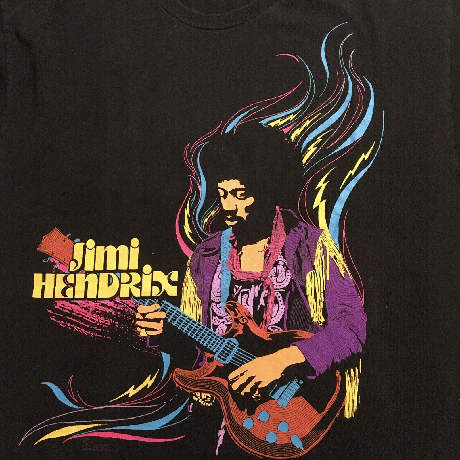 JIMI HENDRIX Black T-shirt, Blue Purple Pink Yellow Graphic, Guitar, Size L (?) gallery