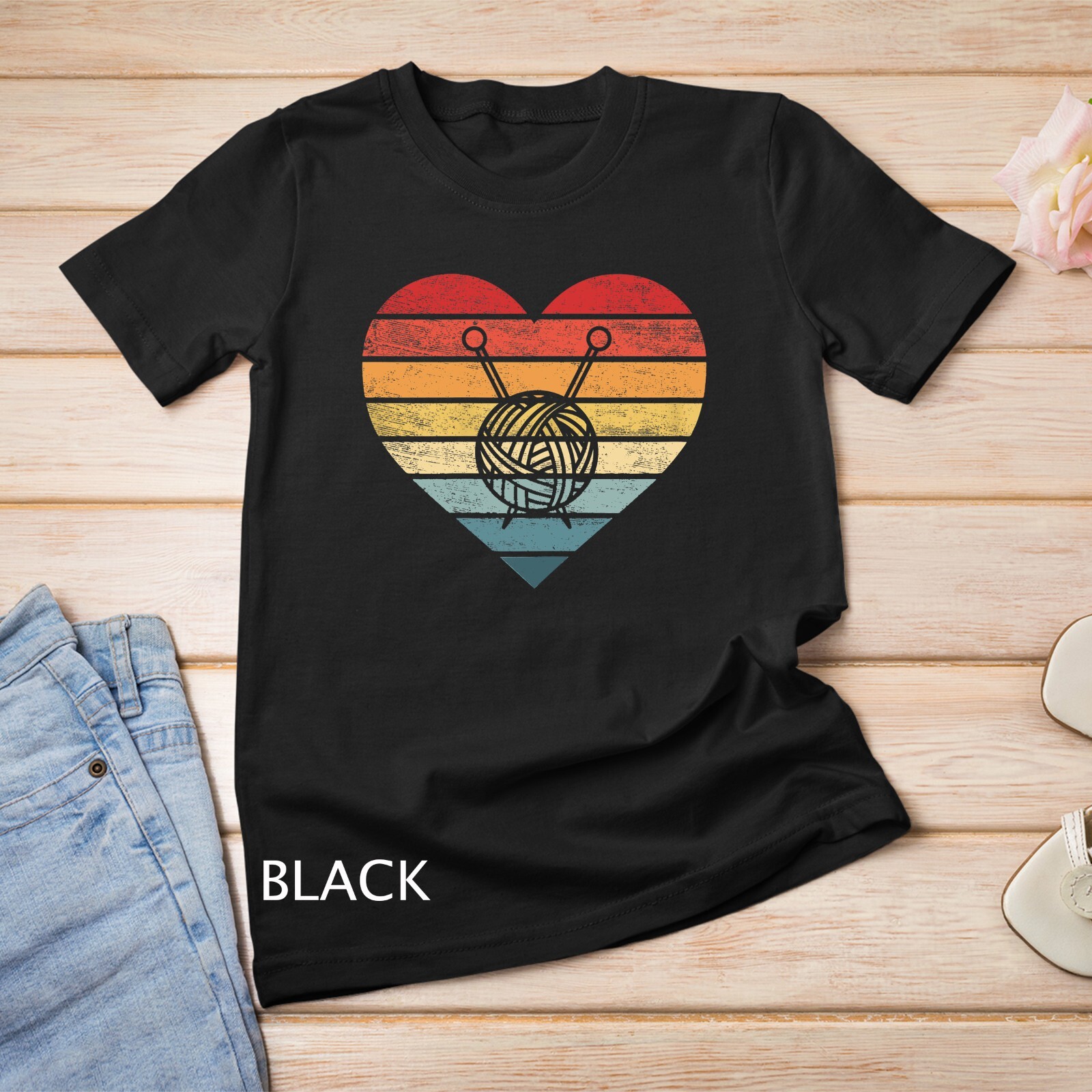 Womens Knitting Crochet Lover Gifts Retro Sunset Yarn Funny Unisex T-shirt gallery
