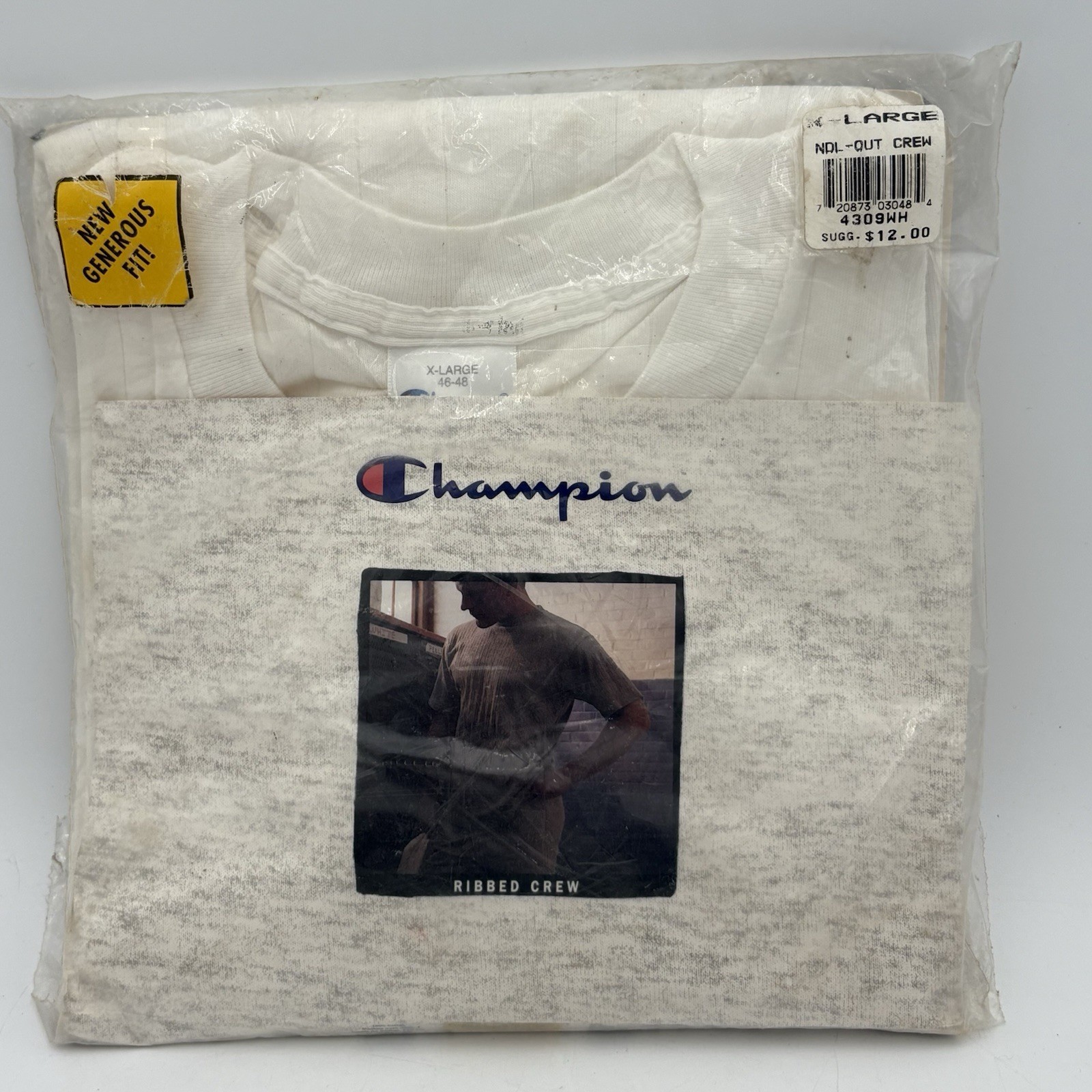 VTG 90s Champion White Ribbed Crew Shirt XL 46-48 NOS Made In USA
