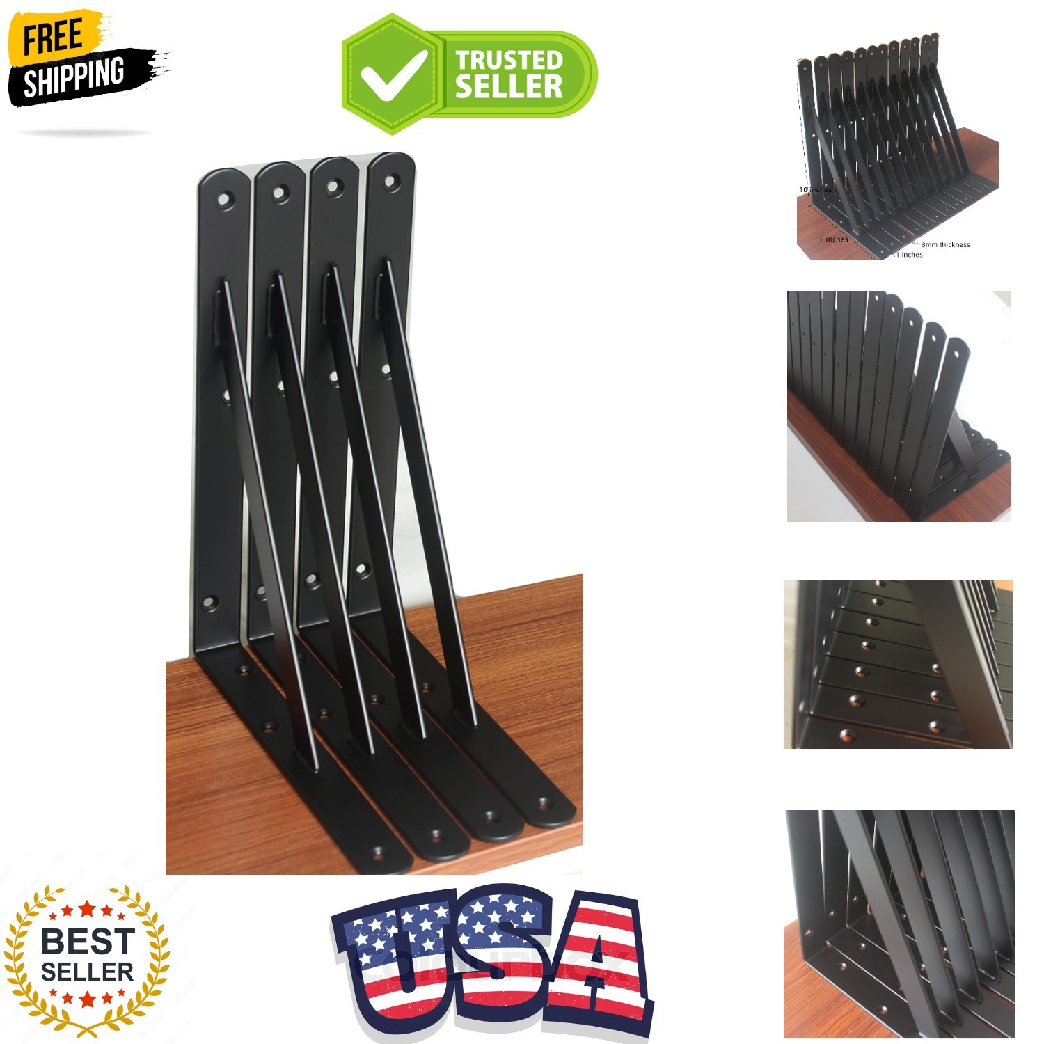 4 Pack L10 x H 8″ Black Heavy Duty Shelf Brackets with Screws Metal Shelf Bra…