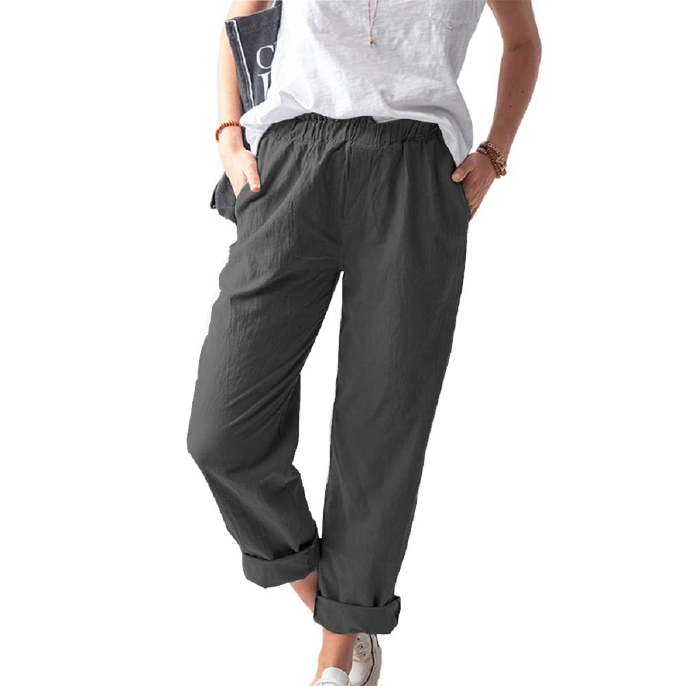 Women’s Straight Pants Elastic Waist Casual Trousers Pants with Pockets Dark …